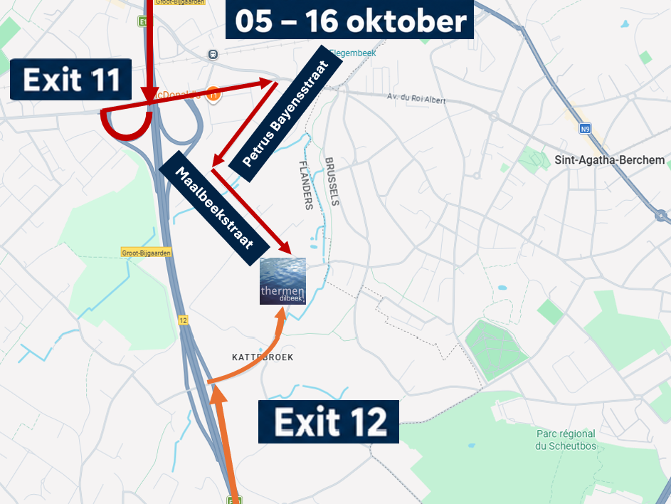 Plan des déviations : sortie 11 via Petrus Bayensstraat et Maalbeekstraat, sortie 12 Kattebroek, du 5 au 16 octobre